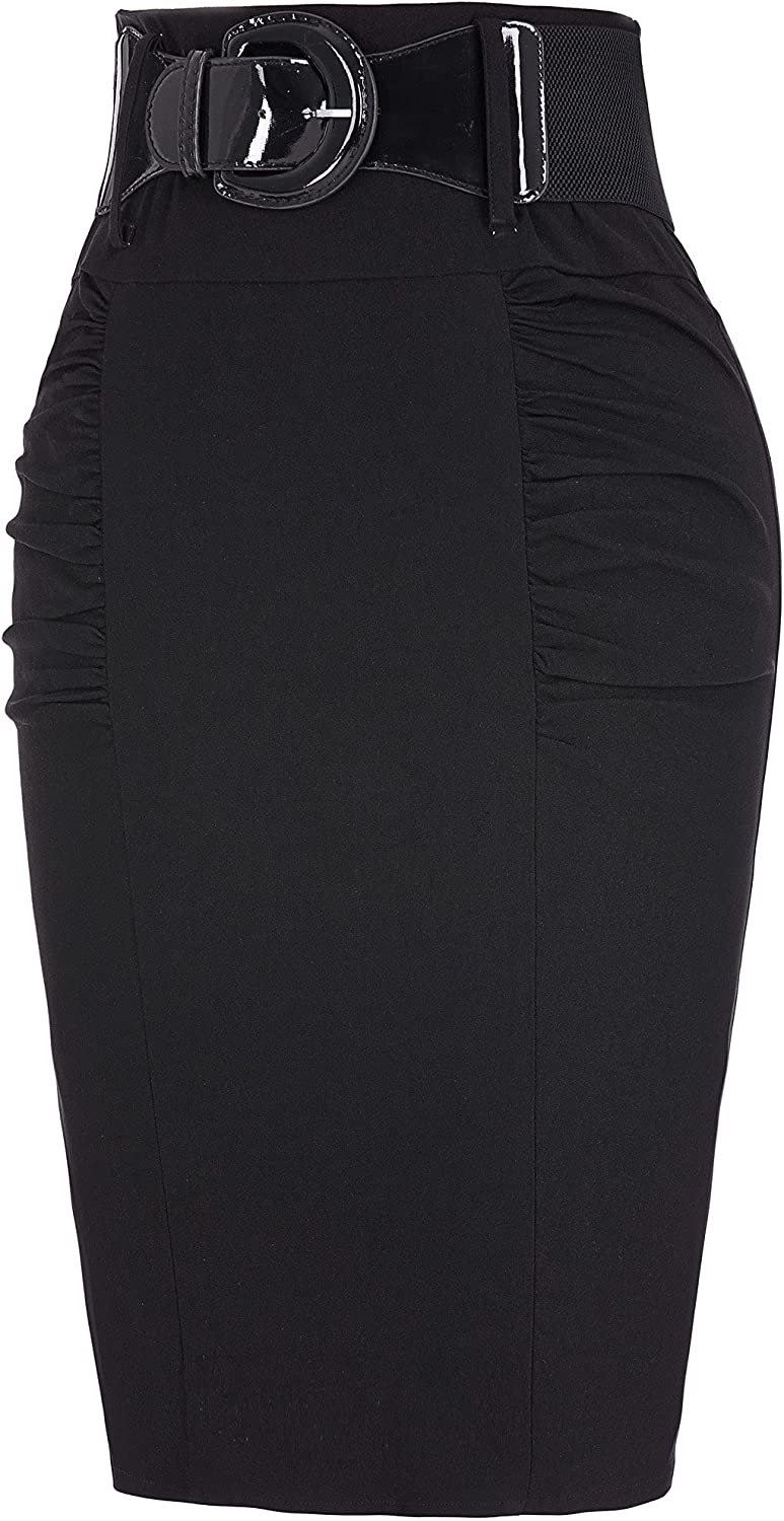 Women's Stretchy Pencil Skirt Side Pleated Business Skirts with Belt KK271(28 Color) - Image 3